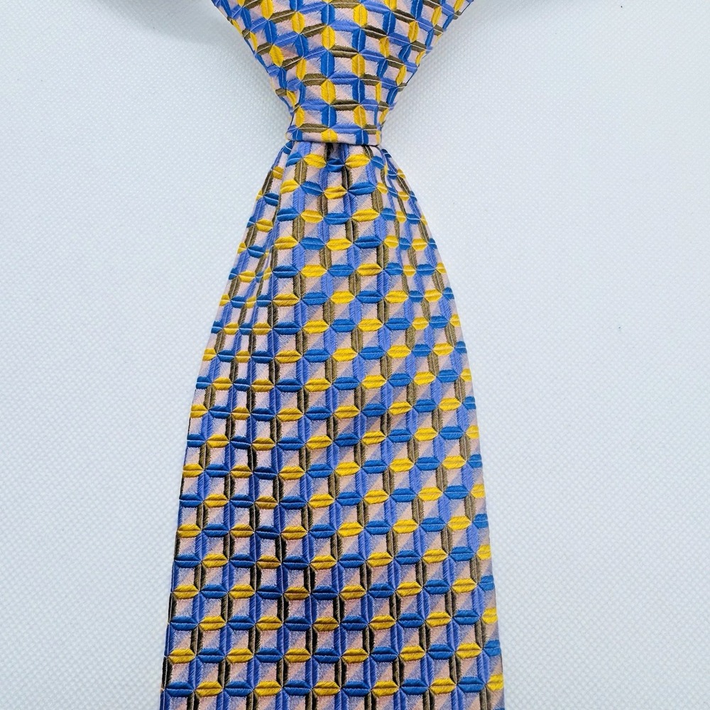 XMI Silk Tie Men Yellow Geometric Jacquard Italian Fabric USA 59"Lx3.75"W